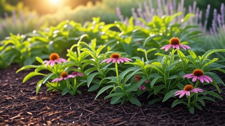  "Watering watermelon coneflowers at the base with mulch in a drought-tolerant garden bed." 