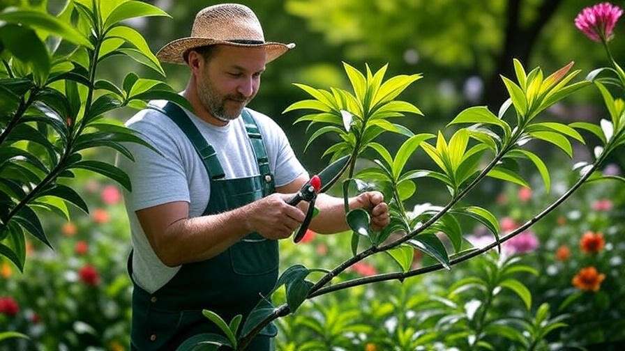 "Gardener pruning a lily tree with shears and healthy leaves." 