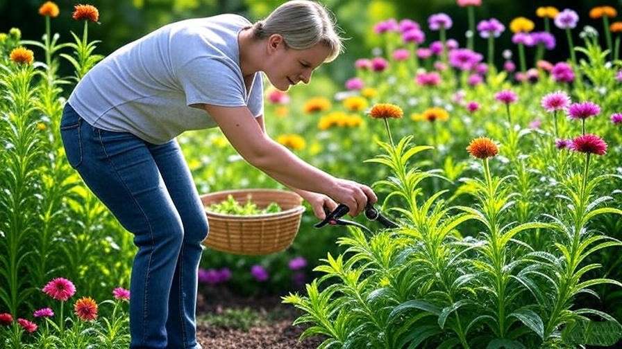 "Gardener pruning a watermelon coneflower and collecting spent blooms in a colorful garden." 