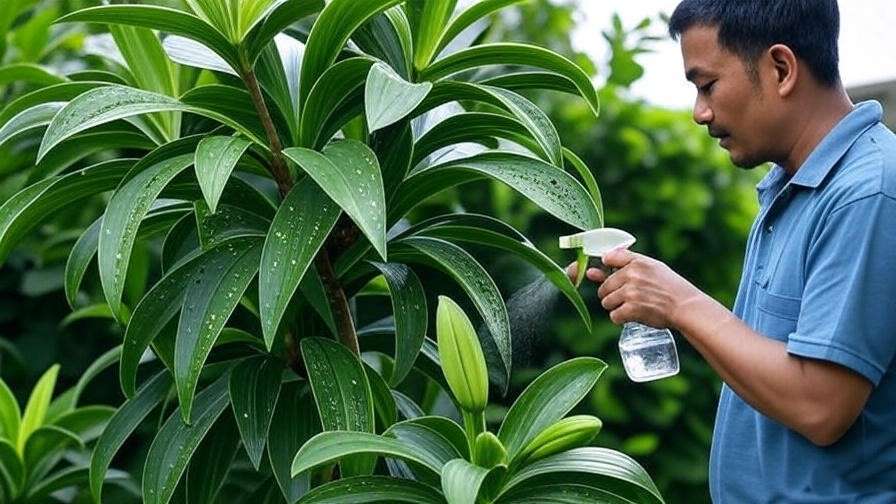 "Lily tree with pest damage and gardener applying neem oil." 