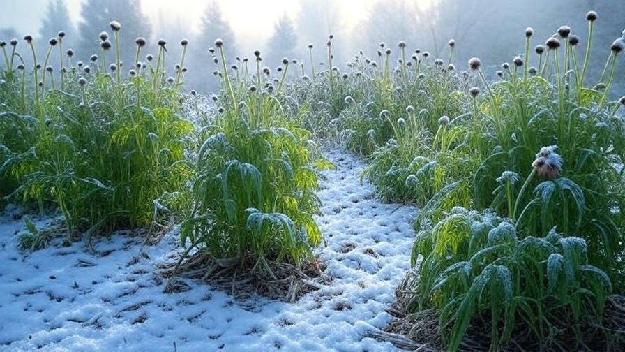 Mulched watermelon coneflower plants with seed heads in a snowy winter garden