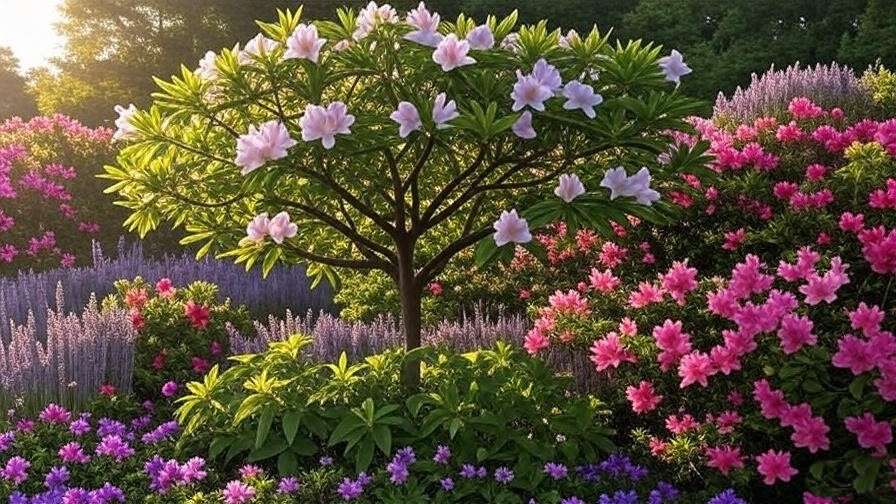 "Garden with lily tree as focal point and companion plants like azaleas." 