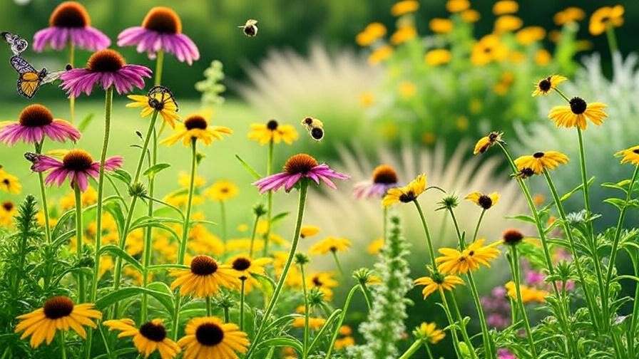 "Pollinator garden with watermelon coneflowers, black-eyed Susan, and bees in a vibrant landscape
