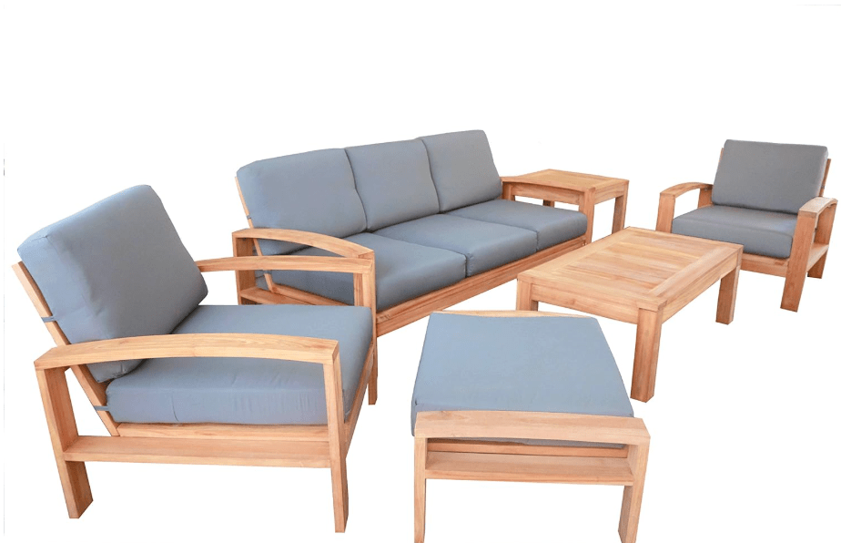  6 PC A Grade Outdoor Patio Teak Sofa Set - 3-Seater Sofa, 2 Deep Seating Club Chairs, 1 Side Table, 1 Rectangle Coffee Table and 1 Ottoman-Furniture Only