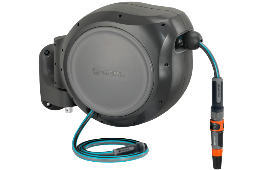 
GARDENA 20505, 100' Retractable Garden Hose Reel with US Hose Threads - 100' x 1/2" hose, Automatic Retraction & Length Lock for Easy
