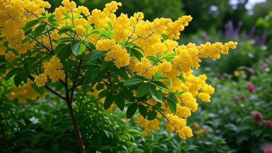 "Close-up of Golden Chain Tree with yellow flowers and butterfly in sunny garden".