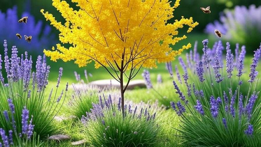 "Yellow Elder tree with lavender and salvia in pollinator garden". 
