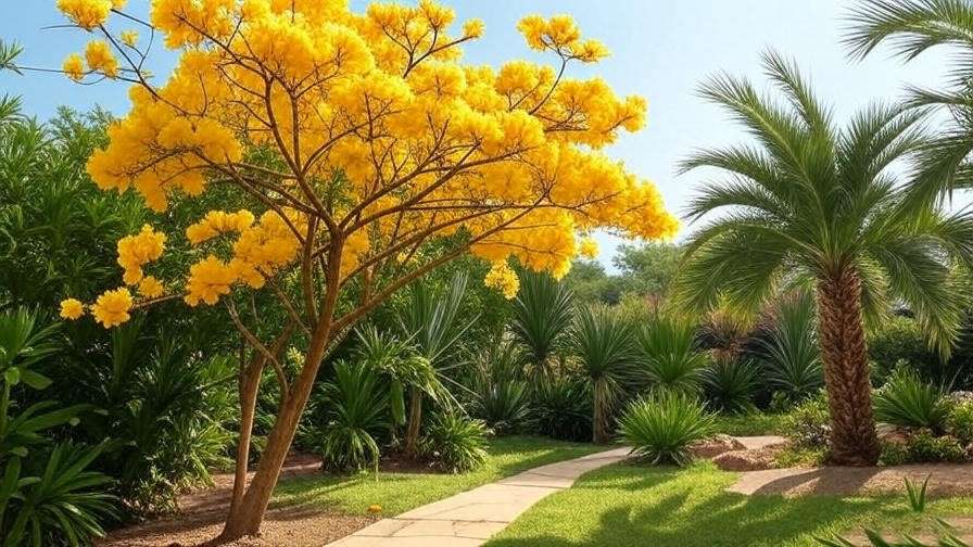  "Tabebuia tree with yellow trumpet flowers in tropical garden". 