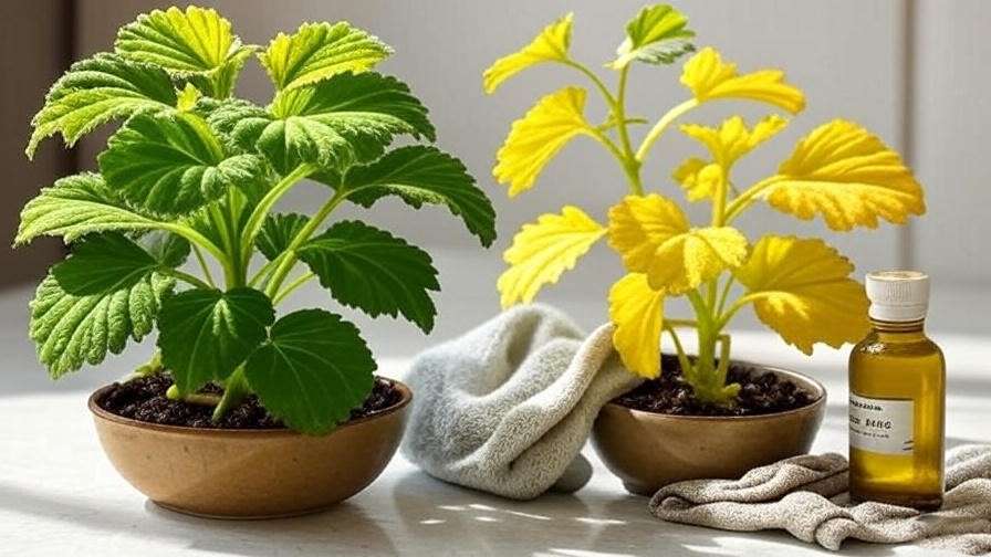 "Watermelon begonia with yellowing leaves and a healthy plant with neem oil and damp cloth for pest control
