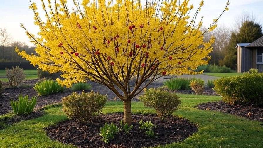  "Cornelian Cherry tree with yellow blooms and red fruit in a compact garden". 