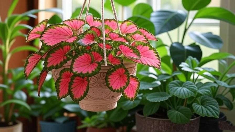  "Watermelon begonia in a decorative hanging planter with calatheas and pileas near a bright window." 