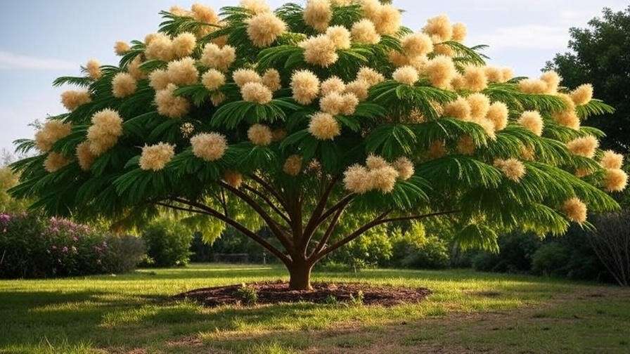  "Mimosa Tree with yellow-pink blooms shading grassy garden". 