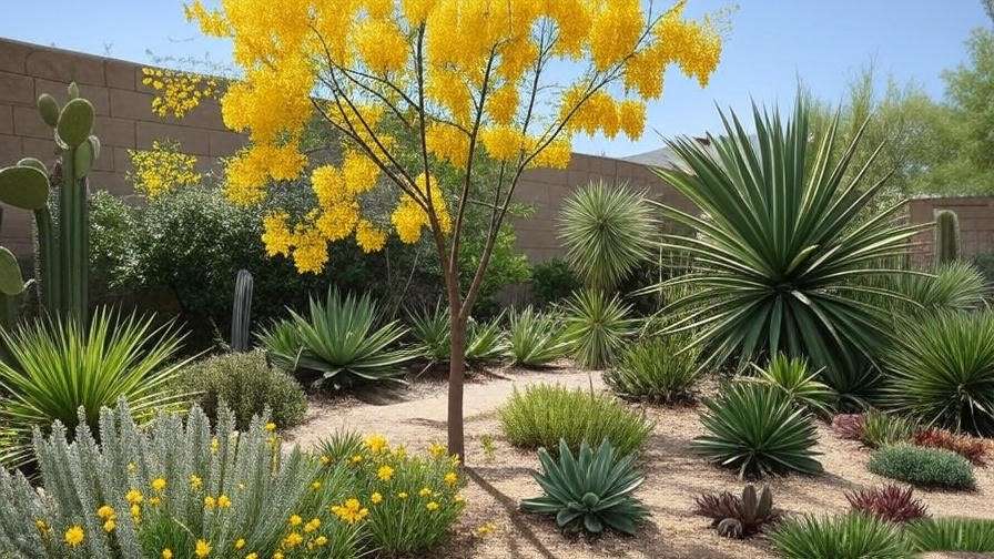 "Desert Cassia tree with bright yellow flowers in a small garden". 