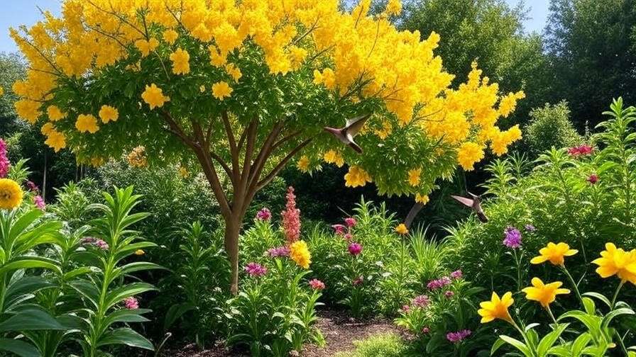 "Yellow Elder tree with yellow flowers attracting hummingbirds". 