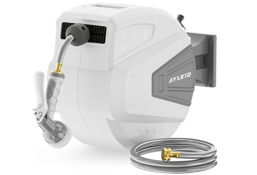 
Ayleid Retractable Garden Hose Reel,1/2 in x 100 ft Wall Mounted Hose Reel, with 9- Function Sprayer Nozzle, Any Length Lock/Slow Return System/Wall