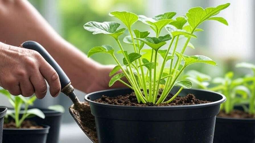 "Transplanting Watermelon Burst seedling with trowel and compost in a pot.