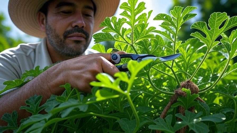 "Gardener pruning Watermelon Burst plants with low-stress training." 