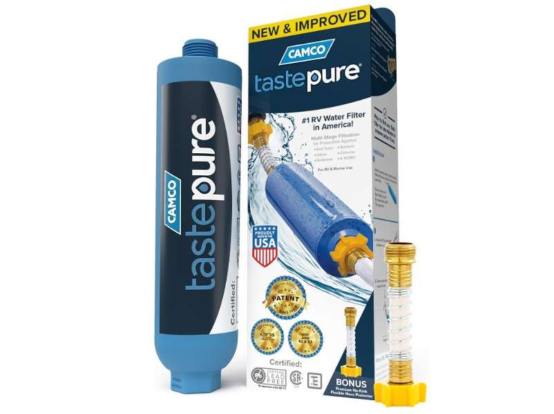  Camco Tastepure RV Water Filter - New & Advanced RV Inline Water Filter with Flexible Hose Protector - GAC & KDF Filtration - Made in USA - Camping.