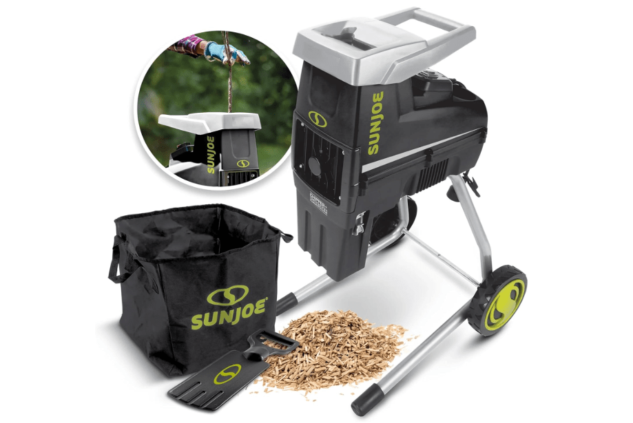 
Sun Joe CJ603E Corded Wood Chipper and Shredder with 15A Electric Motor, 1.7-Inch Cutting Diameter, Includes Safety Hopper, Feeding Paddle, and Collection Bag
