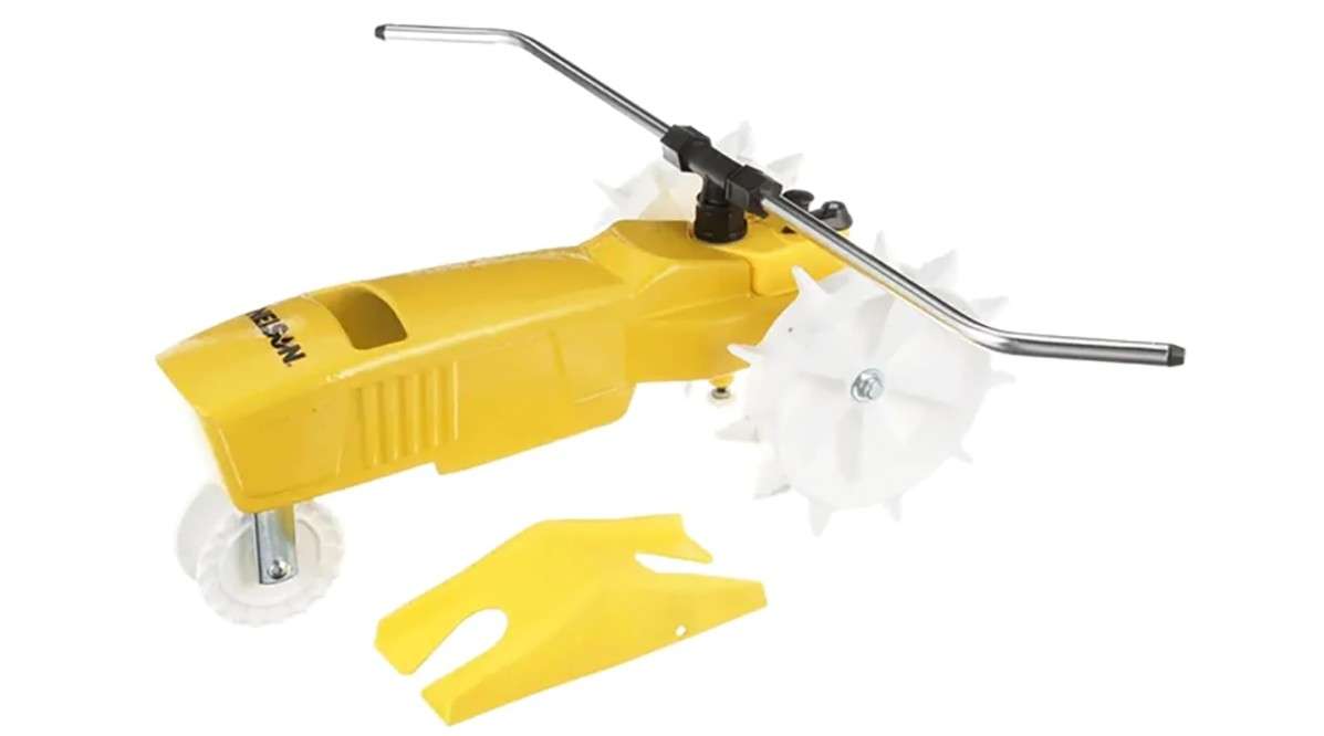 Nelson Rain Train 13,500 Square Feet Cast Iron Outdoor Lawn Traveling Water Sprinkler for Yard, and Garden, with Auto Shut Off, Yellow