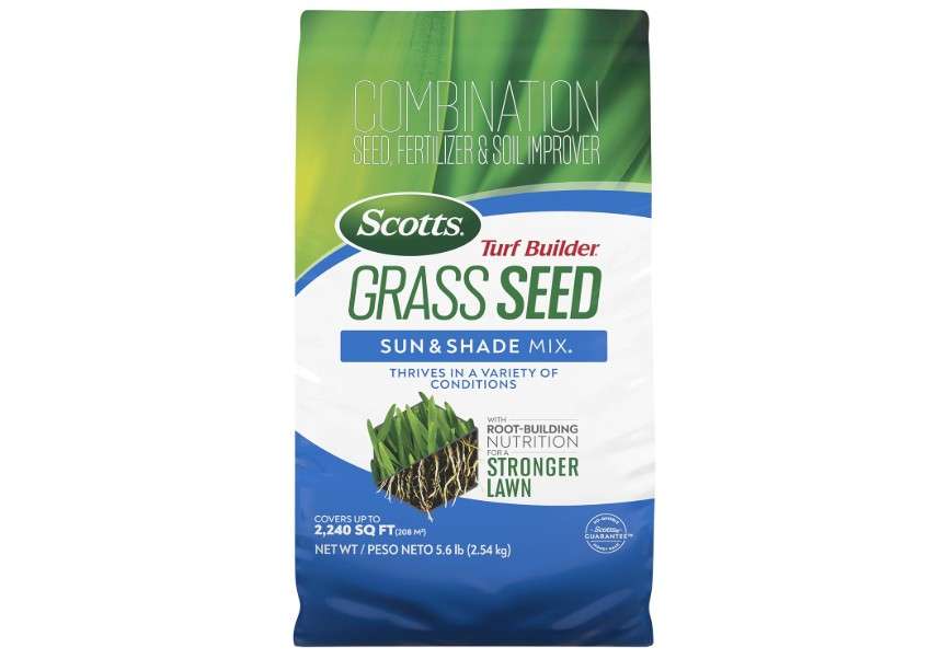 Scotts Turf Builder Grass Seed Sun & Shade Mix with Fertilizer and Soil Improver, Thrives in Many Conditions, 5.6 lbs.