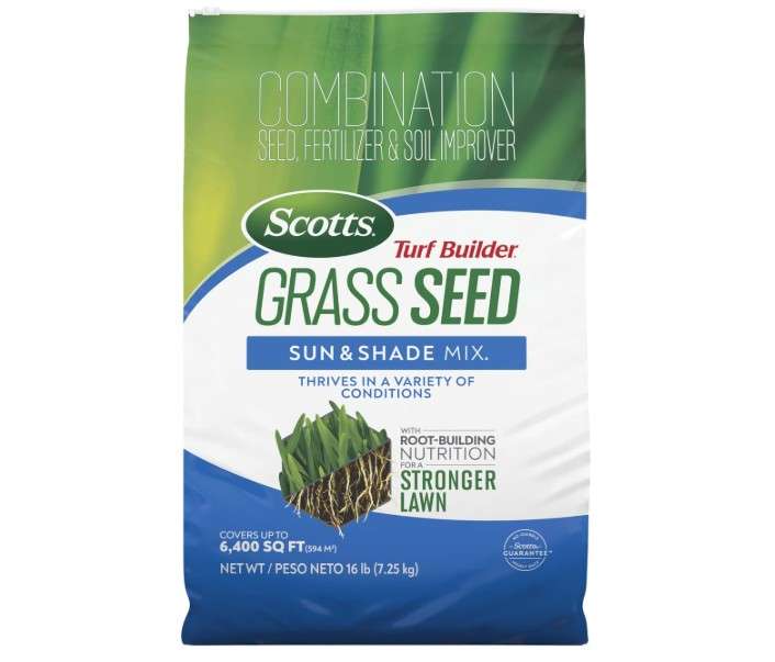  Scotts Turf Builder Grass Seed Sun and Shade Mix with Fertilizer and Soil Improver, Thrives in Many Conditions, 16 lbs.