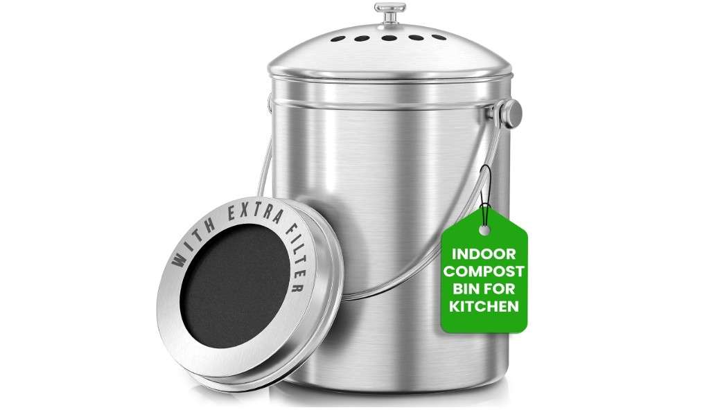  Utopia Kitchen Compost Bin for Kitchen Countertop, 1.3 Gallon Compost Bucket for Kitchen with Lid, Includes 1 Spare Charcoal Filter, Home Essentials - (Silver)