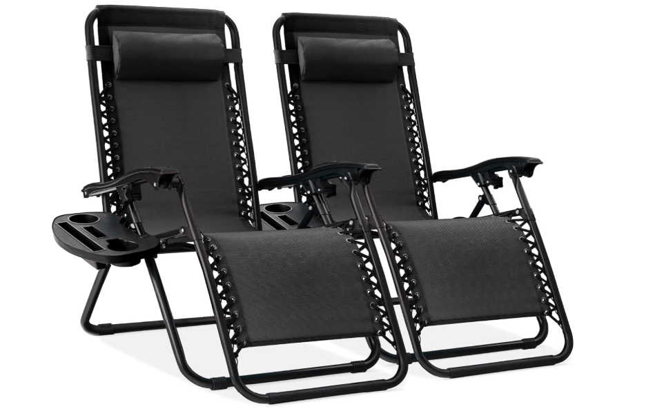  Best Choice Products Set of 2 Adjustable Steel Mesh Zero Gravity Lounge Chair Recliners w/Pillows and Cup Holder Trays - Black