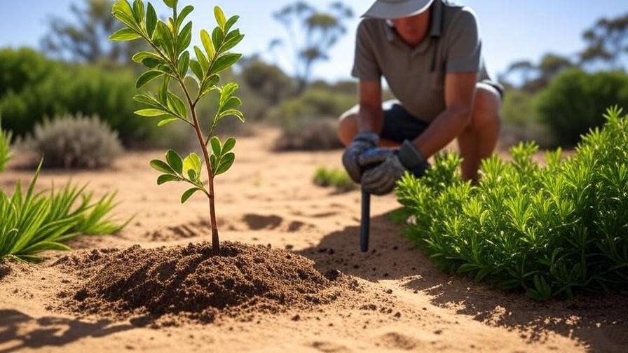 "Gardener planting an Australian bottle tree sapling in sandy soil with compost and stakes in a sunny arid landscape." 