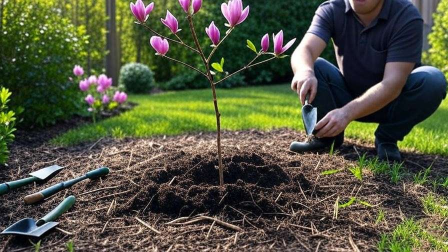 "Gardener planting a pink tulip tree sapling with mulch and tools in a lush garden". 