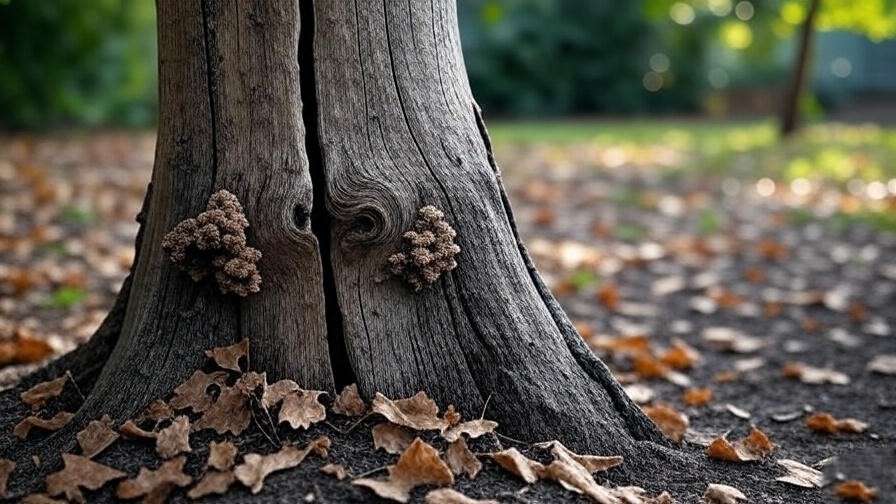 "Close-up of a cracked tree trunk with fungal growth indicating structural weakness in a backyard." 