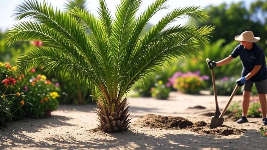  "Gardener planting a foxtail palm tree in a sunny garden with well-draining soil and shovel." 