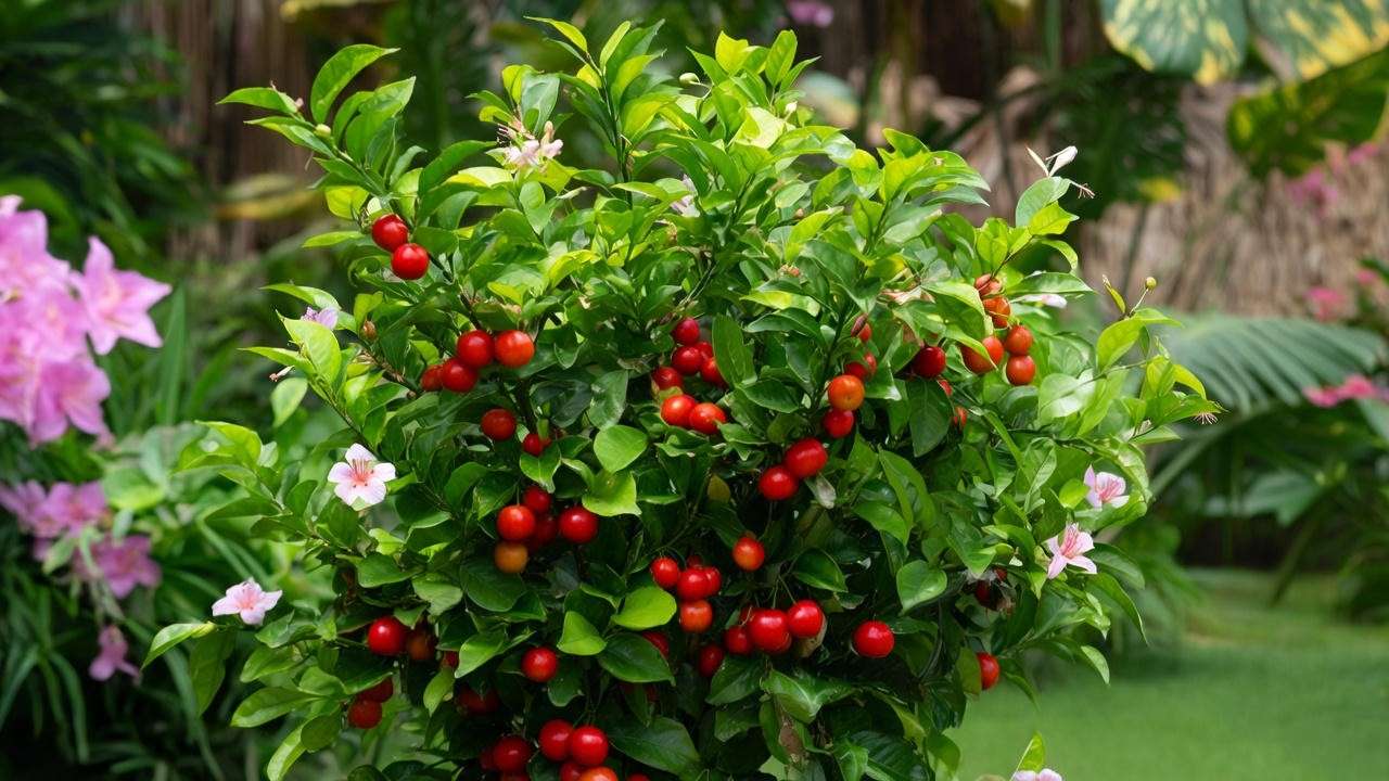  "Close-up of a healthy acerola cherry plant with red cherries and pink flowers in a tropical garden." 