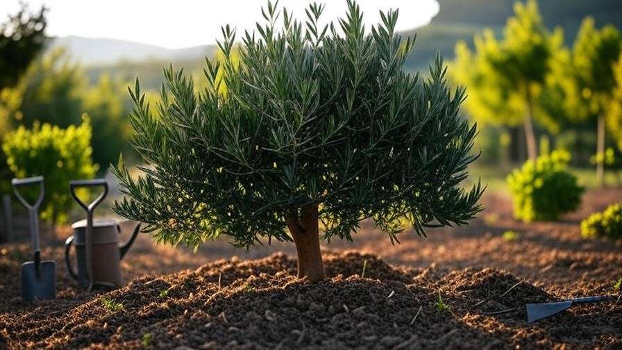 "Black olive tree planted in well-draining soil with mulch and gardening tools in a sunny garden"