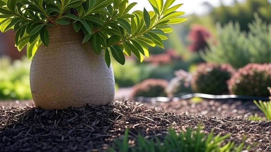  "Close-up of an Australian bottle tree with mulching and drip irrigation in a sunny garden." 