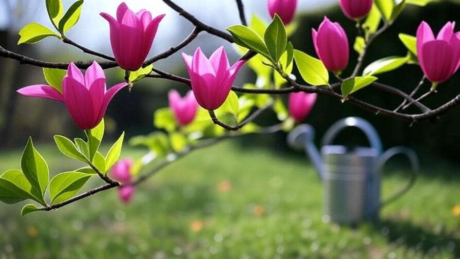 "Close-up of a pink tulip tree branch with blooms and a watering can in the background". 