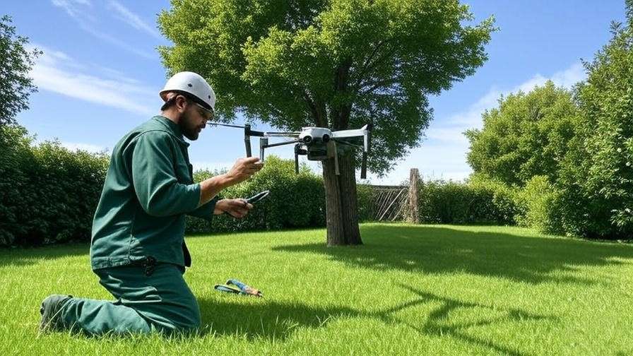  "Arborist using a drone to inspect a leaning tree trunk in a yard for safety assessment."