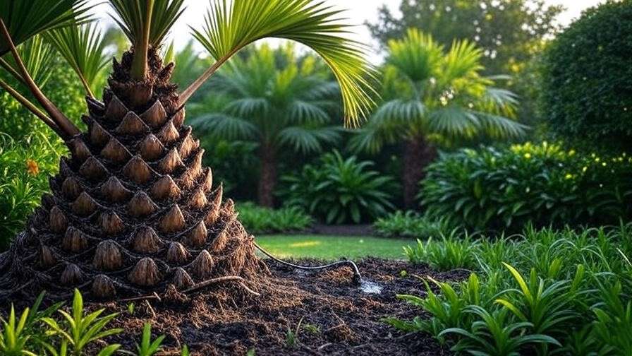 "Drip irrigation watering a foxtail palm tree with healthy green fronds in a tropical garden." 