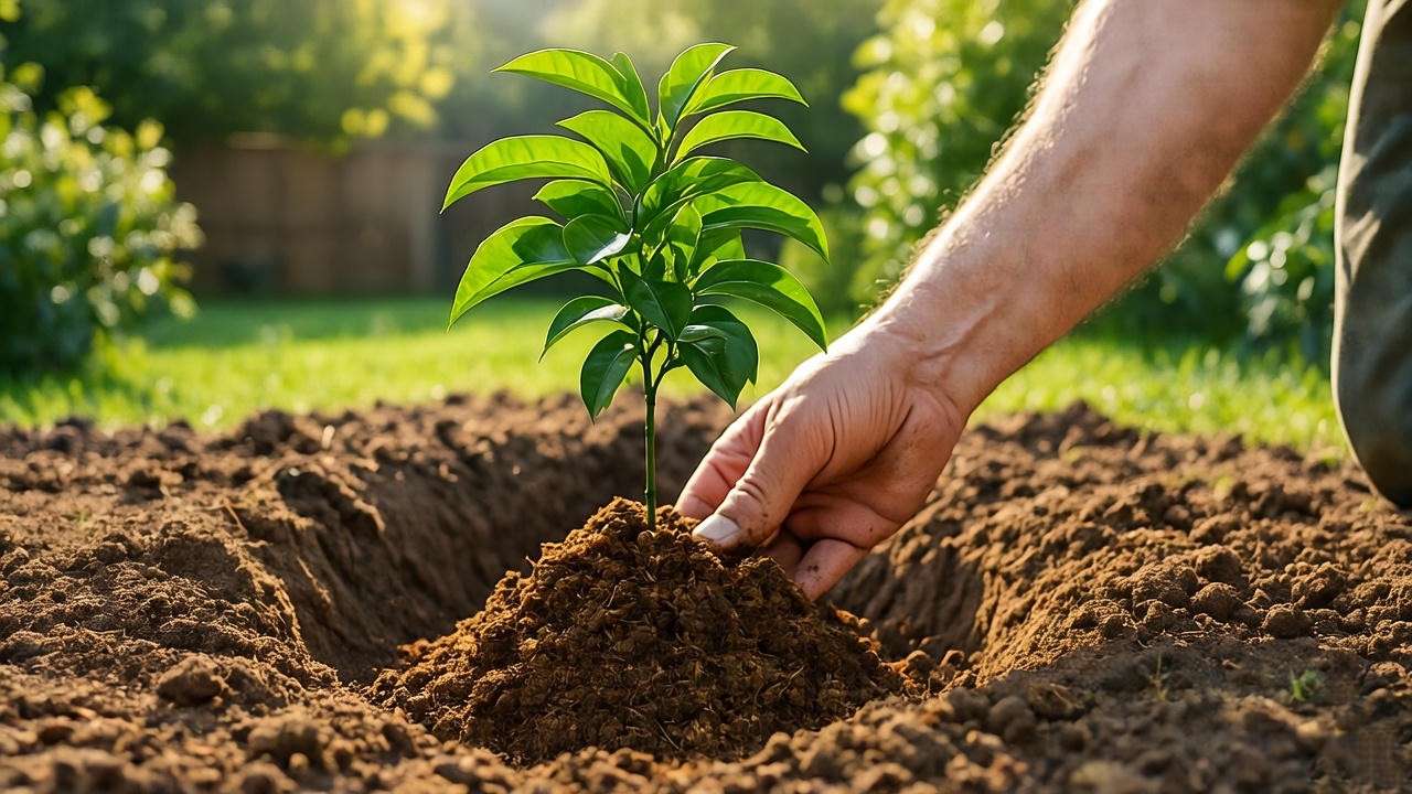  "Step-by-step planting of an acerola cherry plant in well-draining soil with compost."