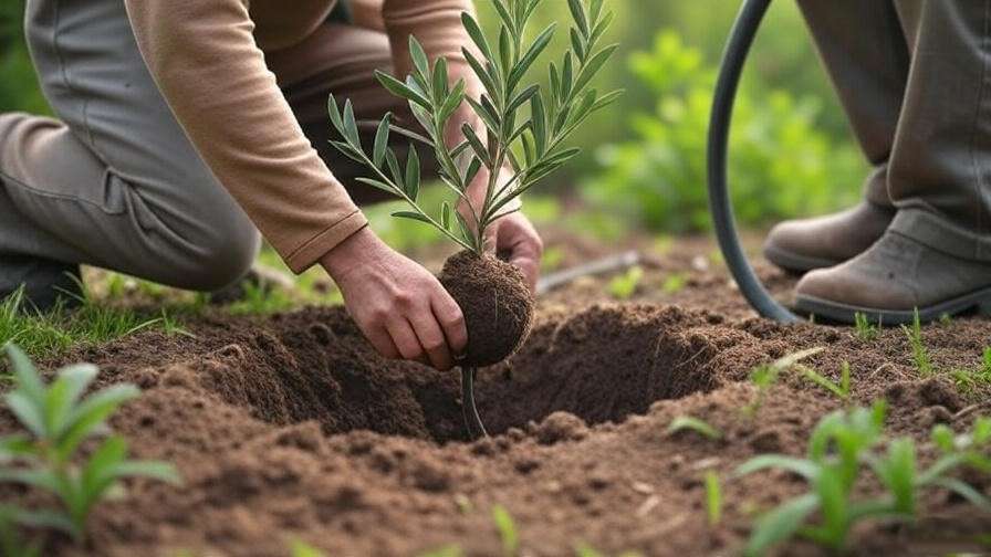 "Step-by-step planting of a black olive tree with gardener watering in a garden"