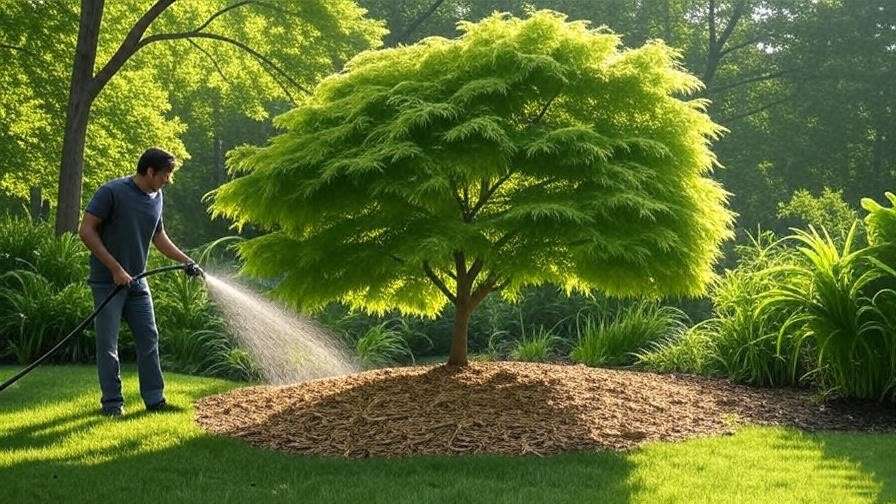 Curly maple tree base mulched with wood chips, gardener watering with a soaker hose in a lush garden.