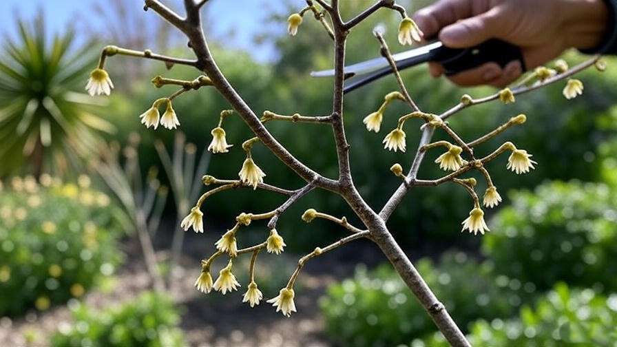  "Gardener pruning an Australian bottle tree branch with bell-shaped flowers in a xeriscape garden." 