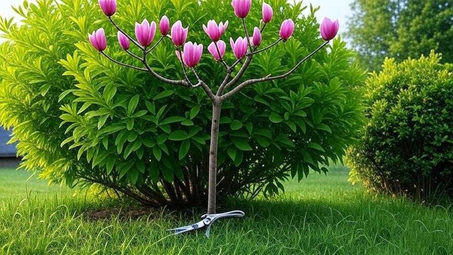 "Pink tulip tree with pruned branches and pruning shears in a healthy garden". 