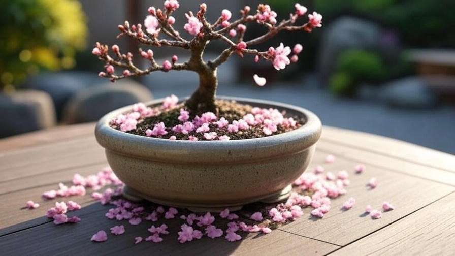 "Pruning a cherry blossom bonsai tree with shears" 