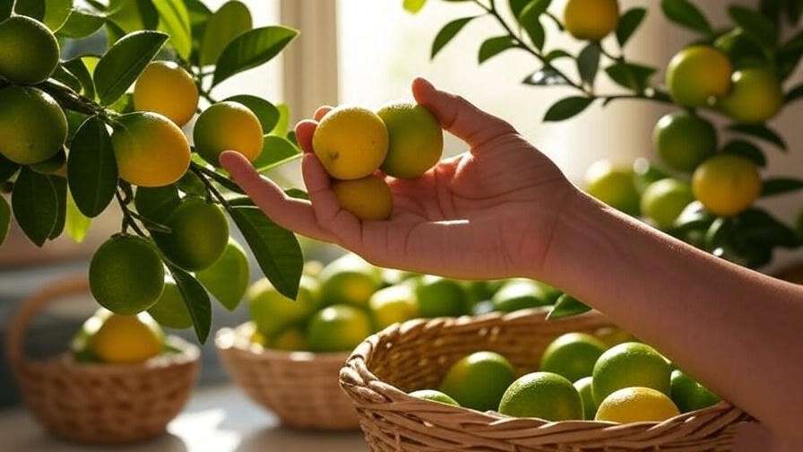  "Hand harvesting ripe limes from a dwarf lime tree with a basket of limes." 