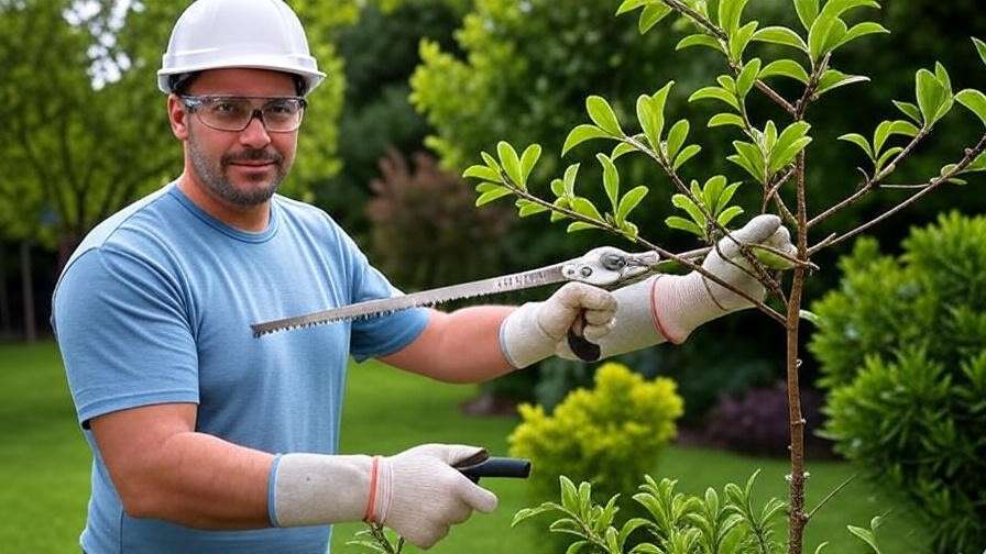  "Homeowner safely pruning a small tree branch with safety gear in a garden.