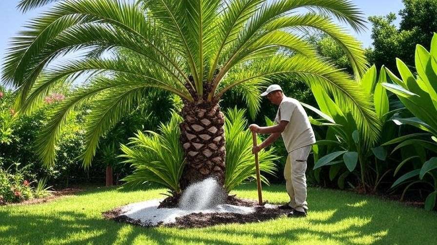 "Gardener applying palm fertilizer around a foxtail palm tree in a sunny garden." 