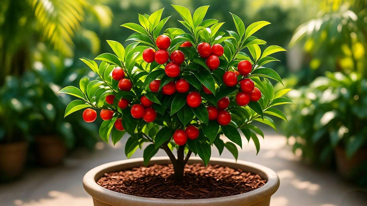 : "Acerola cherry plant in a large pot with mulch on a sunny patio." 