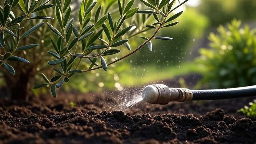 "Soaker hose watering a healthy black olive tree in a lush garden" 