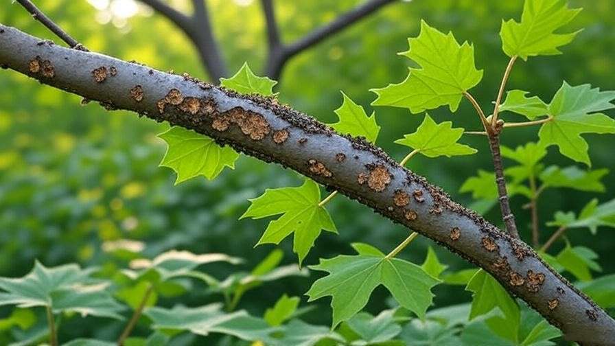 Curly maple tree with pest-damaged leaves compared to a healthy branch in a natural setting. 